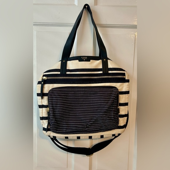 Fossil  Shopper Tote Satchel Handbag Shoulder Bag Black/White Stripe 17x 14 x3.5 - Picture 1 of 7
